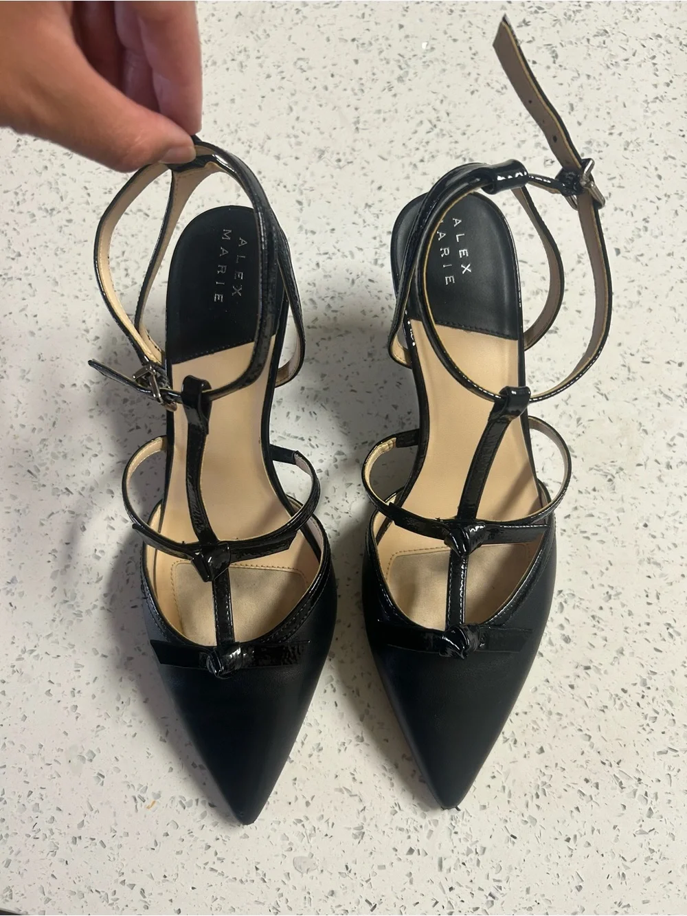 Alex Marie Black Pointed-Toe T-Strap Heels with Bow Accent